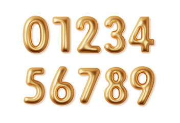 Golden numbers set. 3d realistic Metal golden font number. Birthday golden numbers isolated on white background. Collection of anniversary gold yellow numbers. Luxury bright metallic font. 