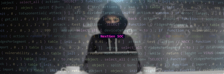 Cyber attack nextgen soc text in foreground screen, Anonymous hacker hidden in the blurred background. Vulnerability text in binary system ascii art style, code on editor screen. Text in English