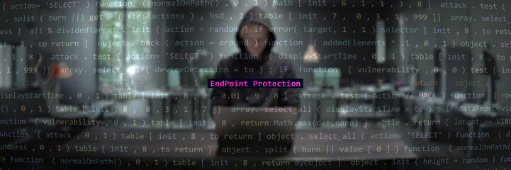 Cyber attack endpoint protection text in foreground screen, Anonymous hacker in the blurred background. Vulnerability text in binary system ascii art style, code on editor screen. Text in English