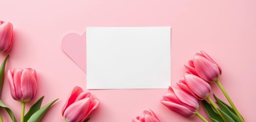 Pink tulip flatlay mockup Blank greeting card on pink background with tulips Copy space, design, floral background