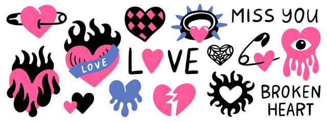 Cute hand-drawn emo girl love stickers, tattoo art elements and phrases. Creepy love doodle hearts set. Vector illustration.