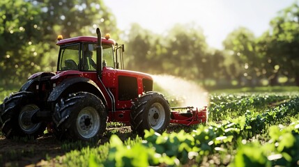 Fototapeta premium A red model tractor sprays water over a green field with soft focus trees and sunlight in the background.