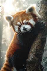 Fototapeta premium A Red Panda Clinging To A Tree Trunk Outdoors