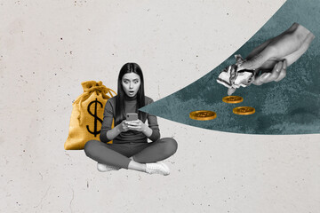 Composite trendy magazine photo collage of shocked businesswoman freelancer hold phone receive...