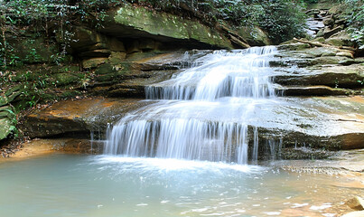 Fototapeta premium Serene Cascading Waterfall in Lush Green Forest