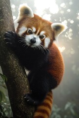 A cute red panda is climbing a tree trunk looking at you