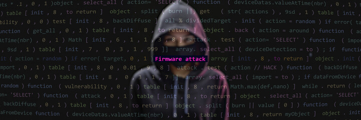 Cyber attack firmware attack text in foreground screen, Anonymous hacker hidden in the blurred background. Vulnerability text in binary system ascii art style, code on editor screen. Text in English