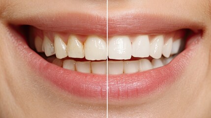 A before-and-after shot of teeth with yellowing and dark coffee stains being whitened by a dental clinic
