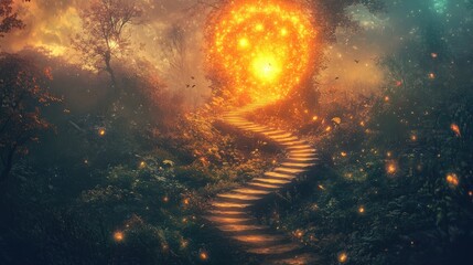 Naklejka premium Enchanted forest path to a fiery portal.