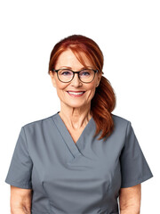 Fototapeta premium European woman aged 50 years old, wearing medical uniform, looking happy with glasses, with ponytail and red hair.