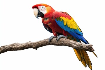 Fototapeta premium A vibrant scarlet macaw perches on a weathered branch, showcasing its magnificent plumage against a white backdrop.