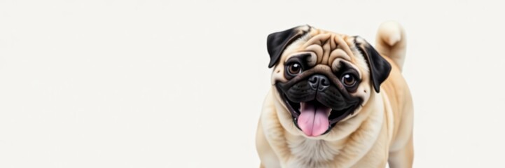 Obraz premium Playful pug dog with tongue out, ears up, and eyes wide, on white background, cute, pet