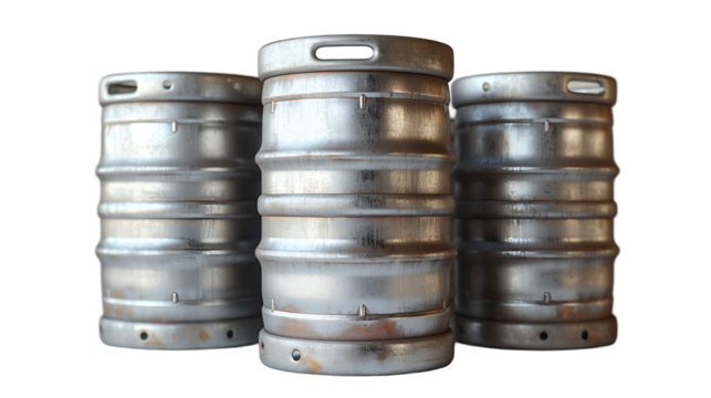 Vintage Beer Kegs Aged Steel Barrels for Craft Brewery Theme.