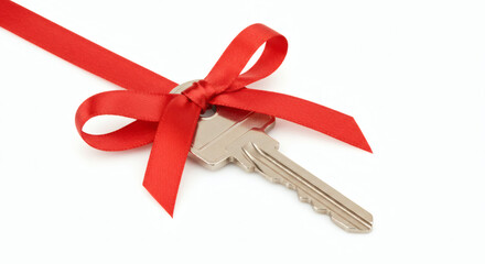 new house key with red ribbon isolated on white background. generative ai