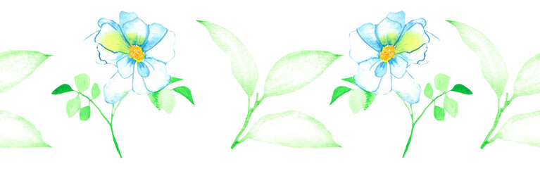 Watercolor leaves and flowers border on a white background. Hand-drawn illustration. Perfect for spring and summer.