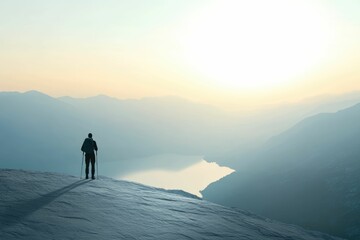 A lone hiker stands on a snow-capped mountain peak, overlooking a serene valley at sunset.