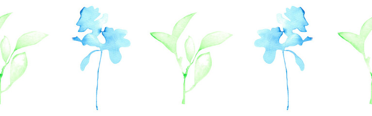 Watercolor leaves and flower silhouette border on a white background. Hand-drawn illustration. Perfect for spring and summer.