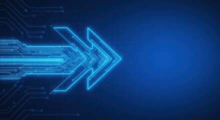 Blue glowing arrow with circuit board pattern points right on gradient background.