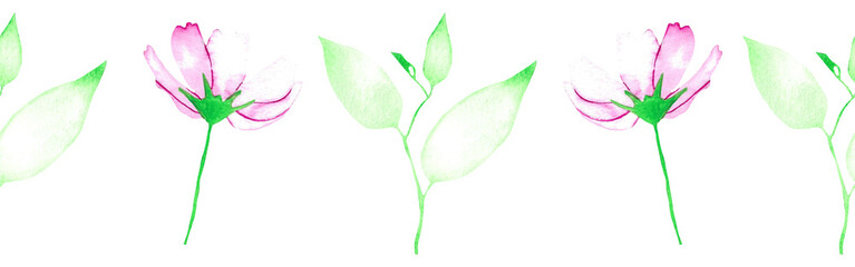 Watercolor leaves and flowers border on a white background. Hand-drawn illustration. Perfect for spring and summer.