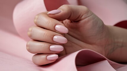 Close-up of a hand with beautifully manicured nails on a pink background. The nails are painted in a soft, elegant shade