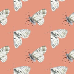Butterflies seamless pattern. Hand drawn watercolor illustration. For greeting cards for mothers day, birthday, wrapping paper, wallpaper, textile, fabric, napkins, covers.