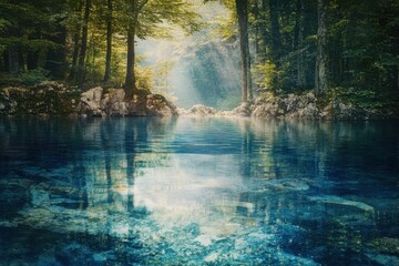 Tranquil forest lake with sunlight filtering through trees at dawn