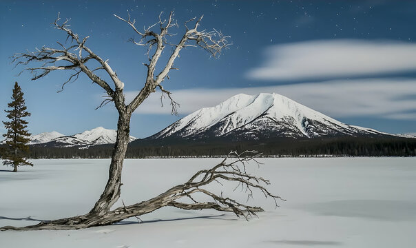 Frozen Lake, Stark Tree, and Snow-Capped Mountain under a Starry Sky - Powered by Adobe