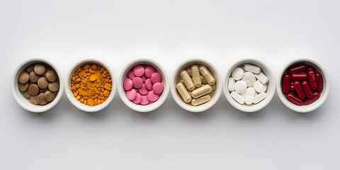 An array of colorful pills and capsules neatly arranged in small bowls, showcasing various medications and supplements