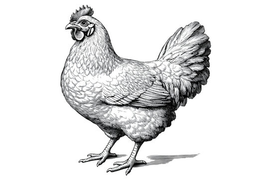 Chicken sketch. Vintage retro print, hand-drawn illustration chicken, high detail, engraving technique, detailed black and white ink drawing, chicken portrait. Side view profile. Illustration