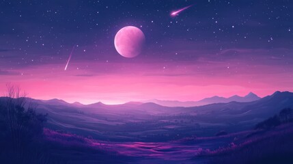 Pink moonlit landscape under a starry night.
