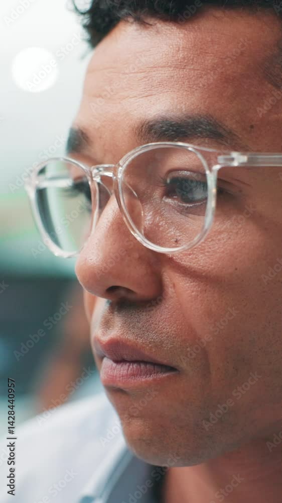 Poster Man, software developer and programming with glasses for problem solving, web or design at office. Closeup, male person or app designer with career in IT or computer science for system update or code