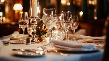 A table with white tablecloths, multiple sets of wine glasses, folded napkins, cutlery and candles.