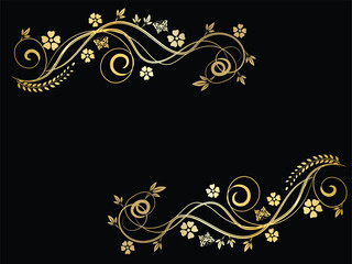 Elegant Gold Floral Design with Butterflies on Black Background