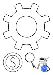 Large gear with a magnifying glass, a dollar sign, and a robot holding a coin. Ideal for finance, automation, technology, AI, innovation, efficiency process analysis flat simple metaphor