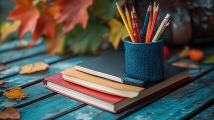 Colorful stationery and autumnal leaves on a rustic wooden surface.