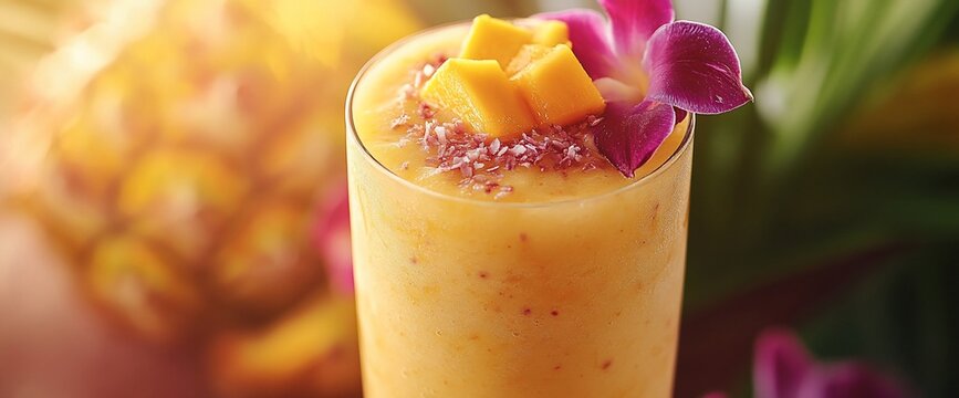 Tropical mango smoothie adorned with blossoms, evokes a refreshing and sunny disposition