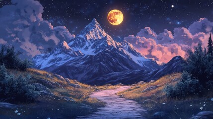 A breathtaking mountain path under a vibrant night sky.
