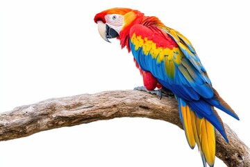 Obraz premium A vibrant scarlet macaw perches on a weathered branch, its plumage a stunning display of red, yellow, and blue.