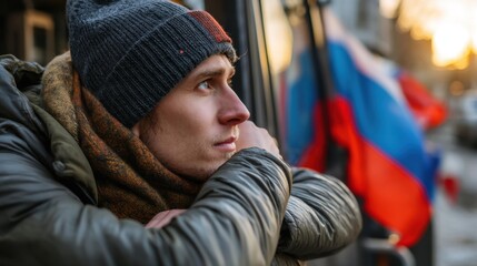 Young man resting on bus with thoughtful expression, wearing winter hat and jacket during sunset