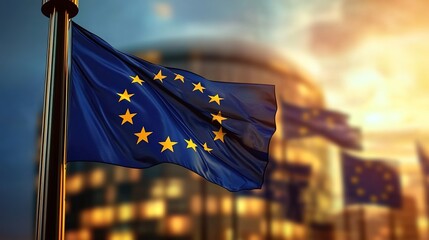 EU Flag Diplomacy. The EU flag waves before modern architecture during golden hour, used in political summits or EU policy promotions.