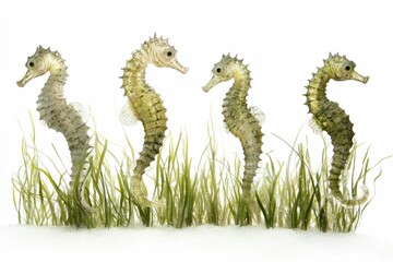 Fototapeta premium Four seahorses stand amidst lush green seagrass against a stark white background.