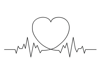 Vector line simple illustration. Heartbeat line on ecg monitor with heart symbol in outline style, print, sticker and poster design. Black one continuous line vector illustration isolated on white.