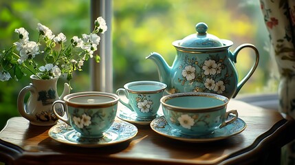 Fototapeta premium Elegant Teal Tea Set With Flowers Near Window