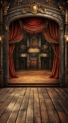 Obraz premium Ornate theatrical stage with red curtains and a wooden floor ready for performance