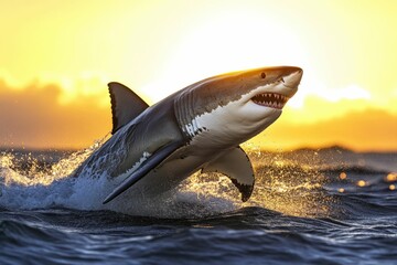 Fototapeta premium A great white shark breaches the ocean surface at sunset, creating a dramatic and awe-inspiring scene.