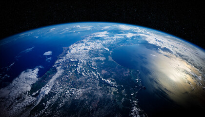 Obraz premium A panoramic view of Earth from orbit, showcasing continents and clouds