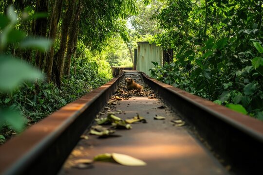A capybara sits on a rusty railway track in a lush green jungle, a tranquil scene.