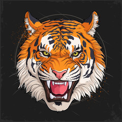 Hand drawn roaring wild Bengal tiger head, angry adult tiger male face growling with open mouth isolated on black background