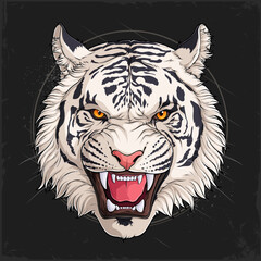 Hand drawn roaring wild white tiger head, angry adult white tiger male face growling with open mouth isolated on black background
