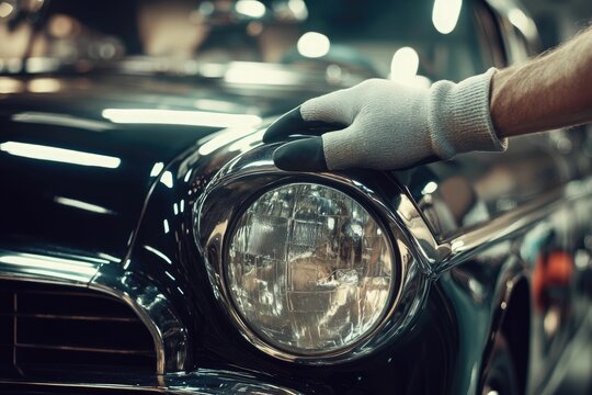 Fototapeta A gloved hand gently rests on the gleaming headlight of a classic vintage car, showcasing its meticulous detailing and polished chrome.